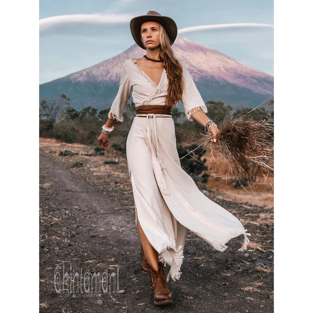 Chintamani Alchemistry Raw Cotton Boho Wrap Maxi Dress White Fringe Wedding